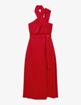 Reiss Red Satin Halter Neck Fitted Midi Dress In Red