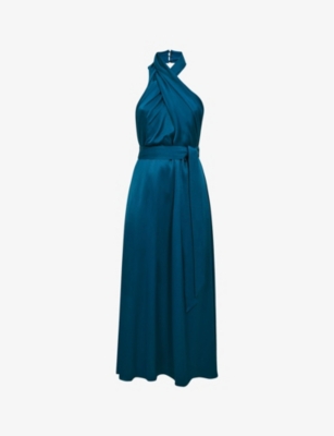 Reiss Teal Vida Satin Halter Neck Fitted Midi Dress In Teal