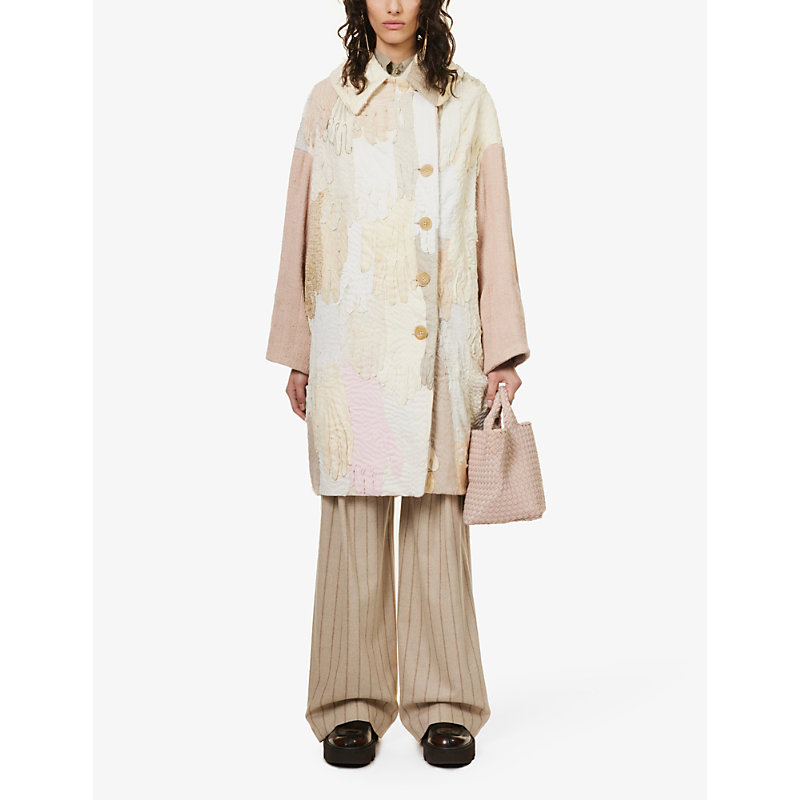 Shop By Walid Cocoon Patchwork-panel Suede And Linen-blend Coat In Pastel/sandy Pink