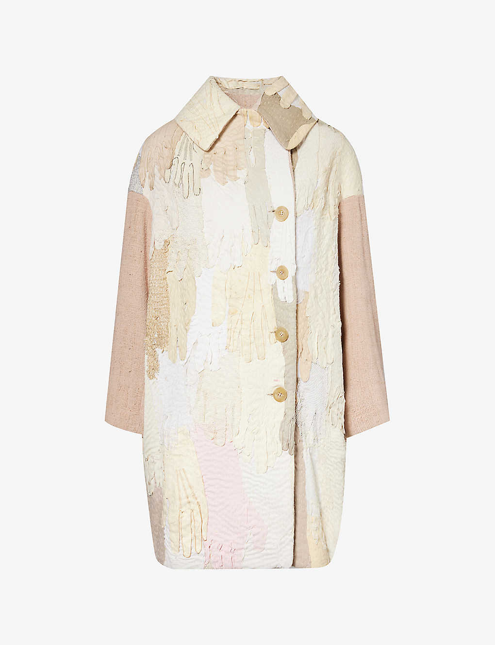 By Walid Cocoon Patchwork-panel Suede And Linen-blend Coat In Pastel/sandy Pink