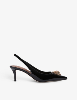 KURT GEIGER LONDON: Belgravia crystal-embellished eagle-head patent sling back sandals