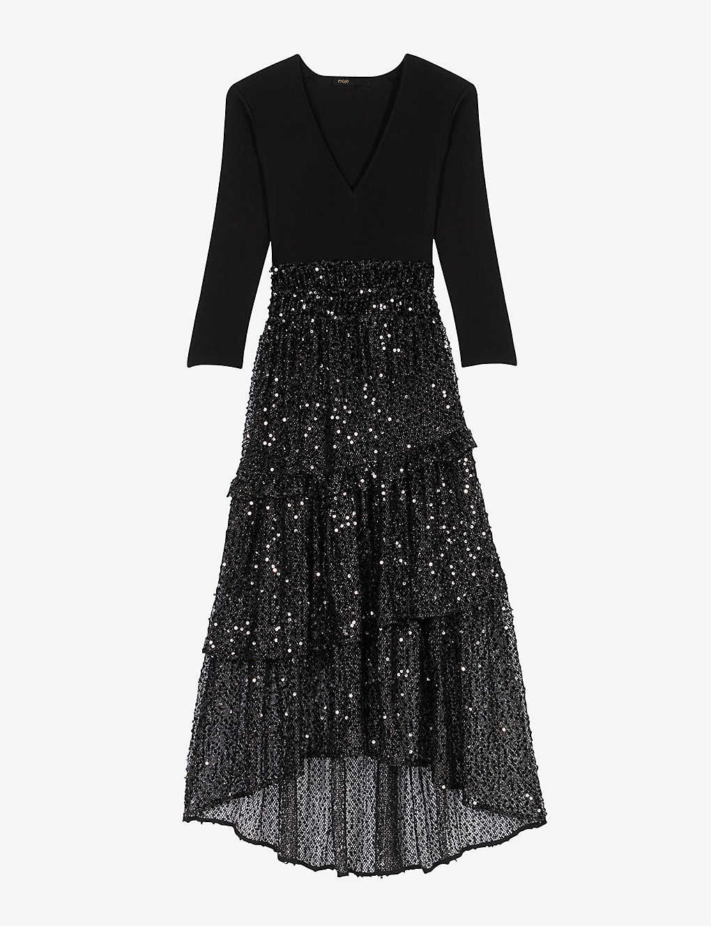 Maje Sequin-embellished Ruffle-detailing Dress In Noir / Gris