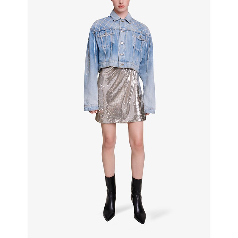 Shop Maje Womens Bleus Belmas Rhinestone-embellished Cropped Denim Jacket