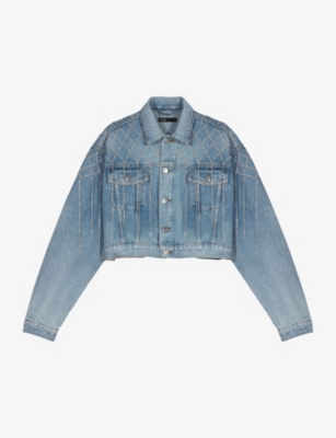 Shop Maje Womens Bleus Belmas Rhinestone-embellished Cropped Denim Jacket