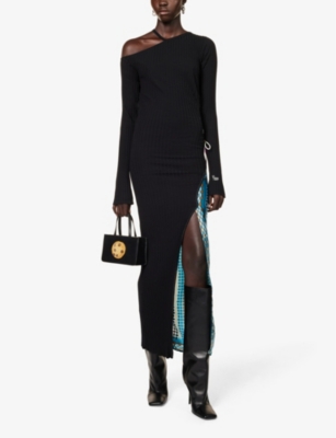 Shop 1/off Womens Black Contrast-panel Split-hem Recycled-organic Cotton And Silk-blend Midi Dress