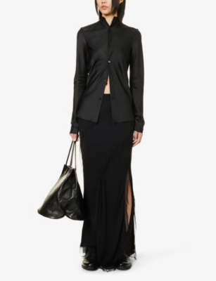 Shop Gabriela Coll G Womens Black Satin-texture Pearlescent-buttons Regular-fit Silk Shirt