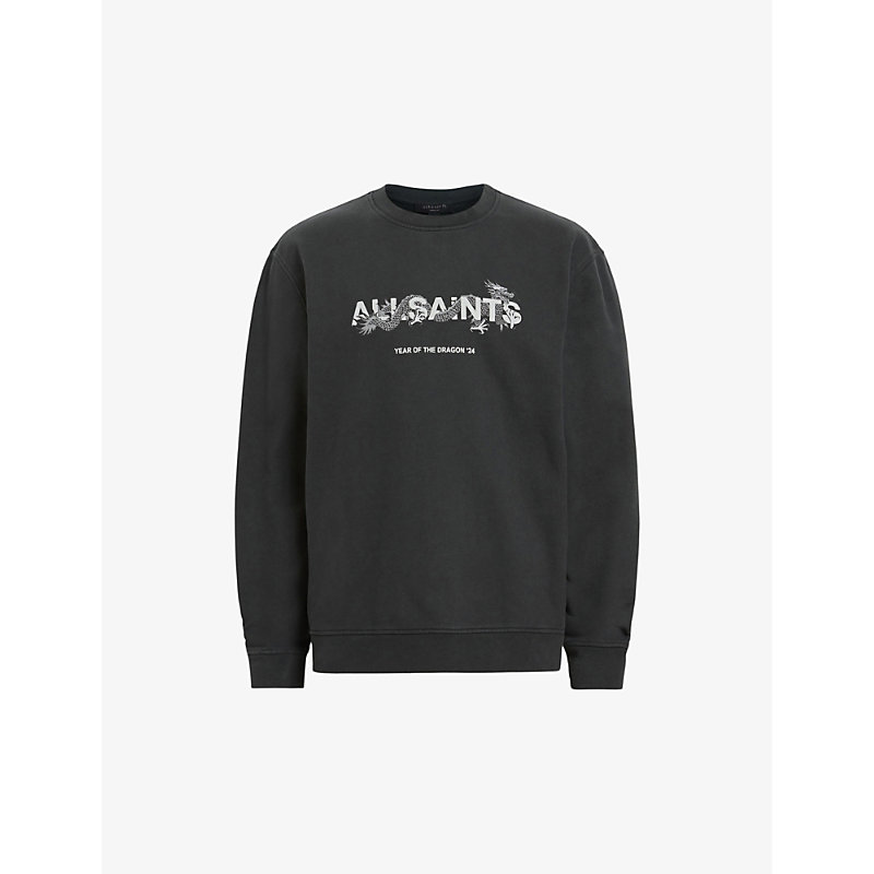 Allsaints Mens Jet Black Chiao Hand-drawn Dragon Organic-cotton Sweatshirt