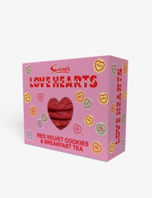 BISCUITS: Swizzels Love Hearts red velvet cookies and breakfast teabags 400g