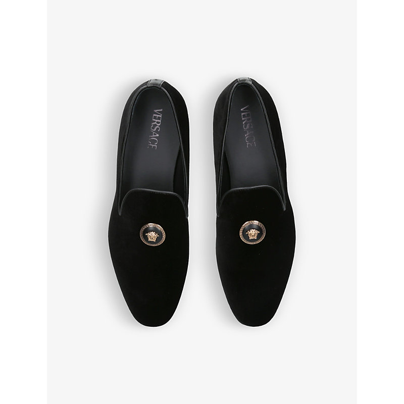 Shop Versace Black Medallion Medusa-embellished Velvet Loafers