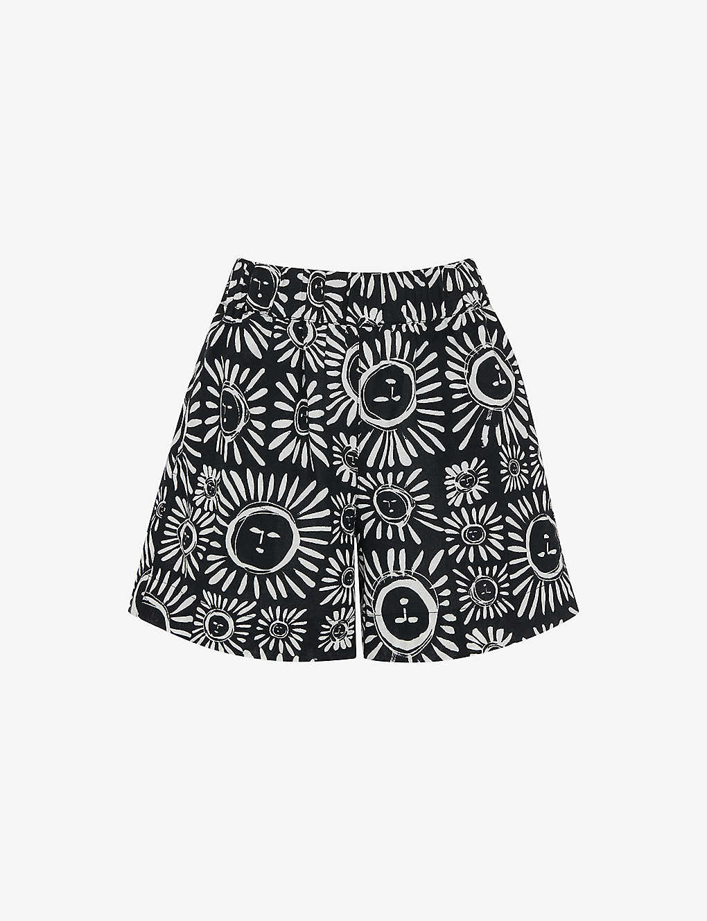 Whistles Womens Monochrome Sunman Graphic-print Elasticated-band Linen Cotton-blend Shorts