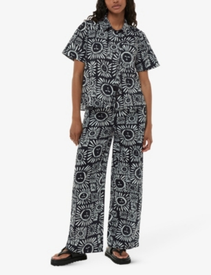 Shop Whistles Women's Black Sunman Graphic-print Short-sleeve Linen-cotton Blend Shirt