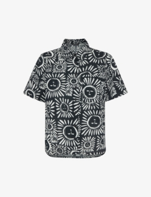 Whistles Womens Black Sunman Graphic-print Short-sleeve Linen-cotton Blend Shirt