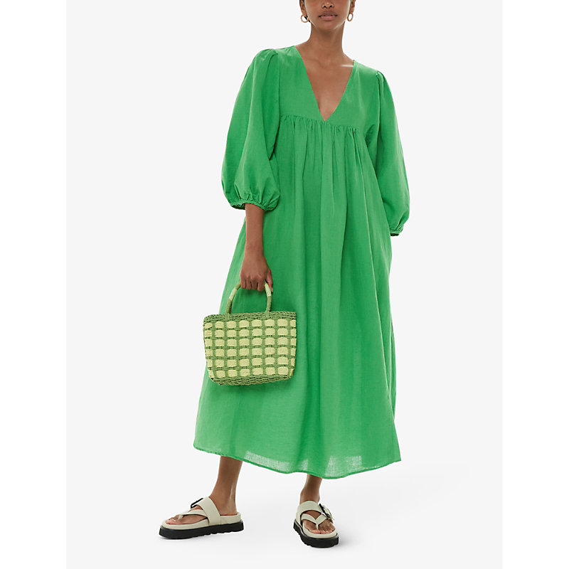 Shop Whistles Women's Green Gloria Balloon-sleeve Relaxed-fit Linen-cotton Blend Midi Dress