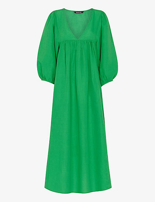 WHISTLES: Gloria balloon-sleeve relaxed-fit linen-cotton blend midi dress