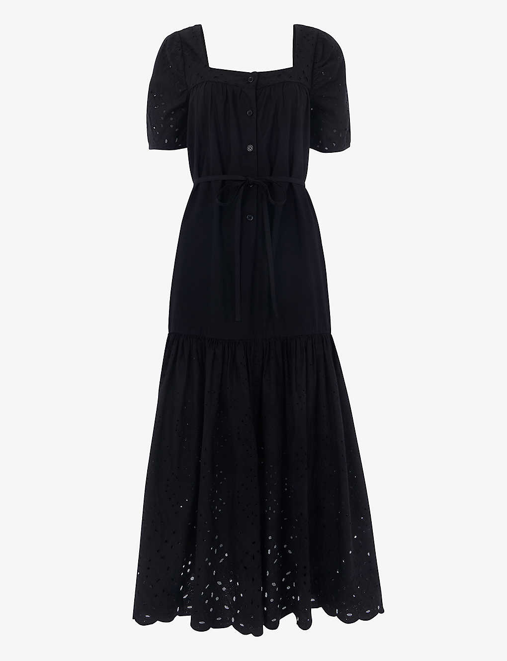 Whistles Womens Black Broderie Square-neck Puff-sleeve Cotton Midi Dress