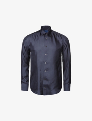 Shop Eton Men's Vy Blue Twill-weave Contemporary-fit Silk Shirt In Navy Blue