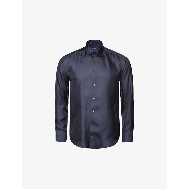 Shop Eton Mens Navy Blue Twill-weave Contemporary-fit Silk Shirt