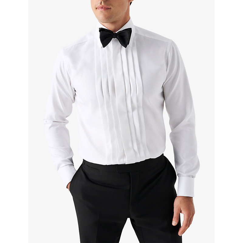 Shop Eton Pleated Textured-twill Contemporary-fit Cotton Tuxedo Shirt In White
