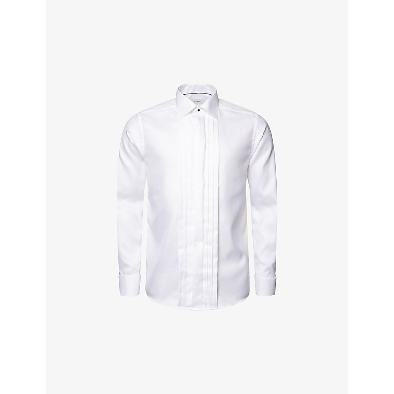 Shop Eton Pleated Textured-twill Contemporary-fit Cotton Tuxedo Shirt In White