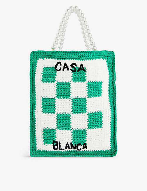CASABLANCA: Crochet logo-knit cotton tote bag