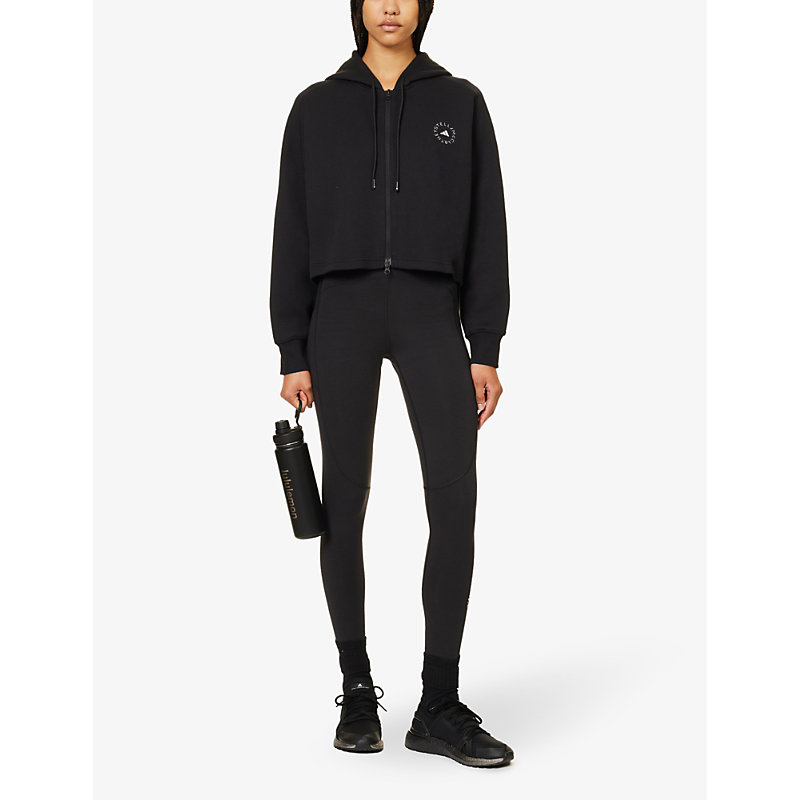 Shop Adidas By Stella Mccartney Womens Black/white Logo-print Cropped Organic-cotton And Recycled Polyest