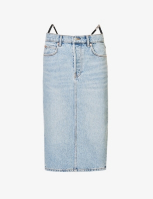 Alexander Wang Thong Strap Detail Denim Midi Skirt In Vintage Indigo