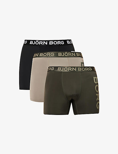 BJORN BORG: Performance branded-waistband pack of three stretch recycled-polyester boxers