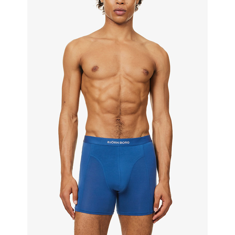 Shop Bjorn Borg Men's Blue Branded-waistband Mid-rise Pack Of Two Stretch-jersey Boxers