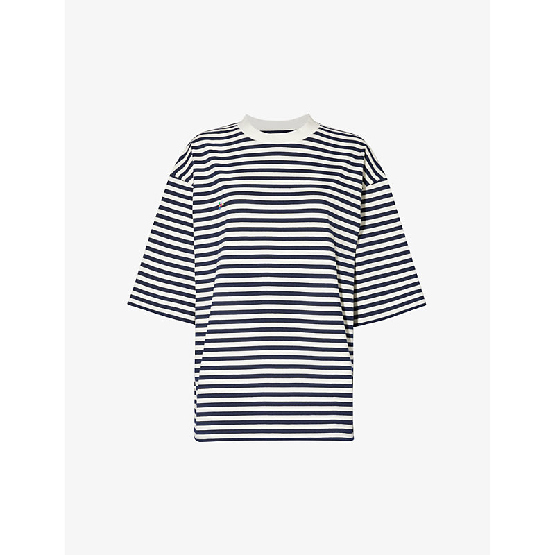 Shop Pangaia Stripe-pattern Brand-embroidered Recycled-cotton T-shirt In Navy Blue