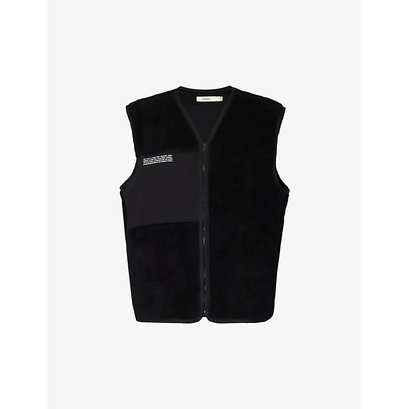 Shop Pangaia Brand-text Fleece-texture Regular-fit Recycled Wool-blend Gilet In Black