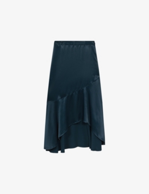 Reiss Inga - Teal Satin High Rise Midi Skirt, Us 0