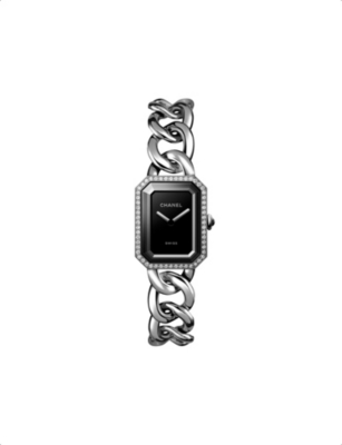 CHANEL: H7020 Première Chain steel, black lacquer, onyx and 0.38ct diamond high-precision quartz movement watch