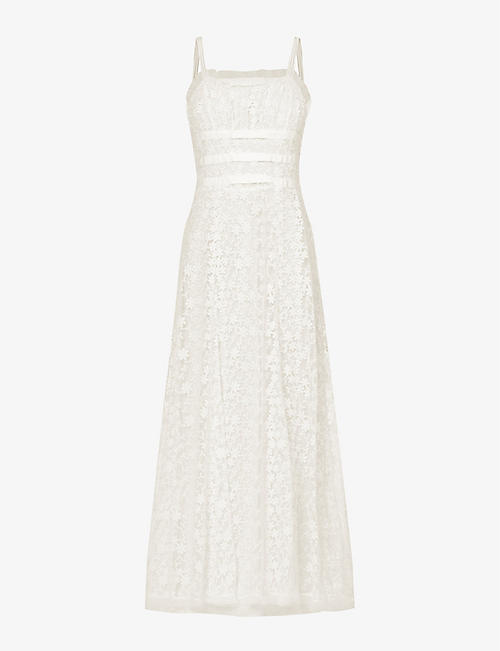 RODARTE: Floral-embroidered ruffle-trim lace maxi dress