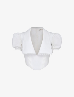 HOUSE OF CB: Augusta scalloped-collar stretch-cotton top