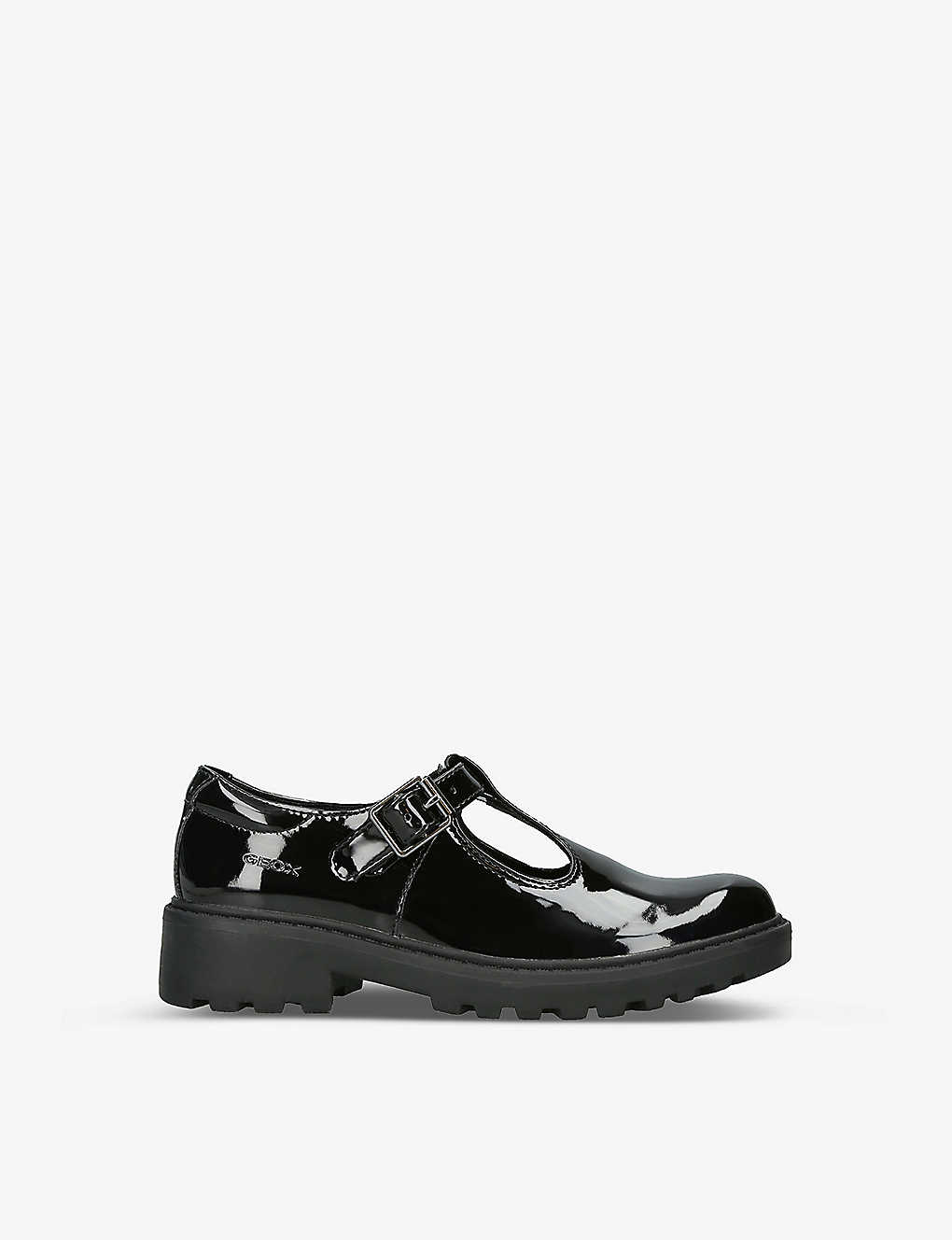Geox Girls Black Kids Casey Logo-debossed Patent-leather Shoes 6-7 Years