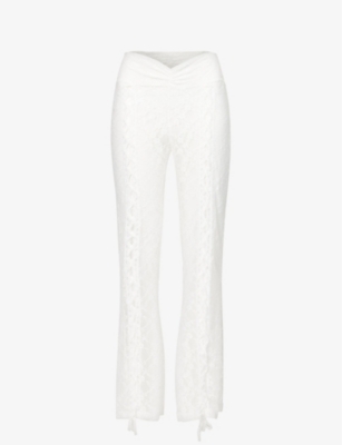 HOUSE OF SUNNY HOUSE OF SUNNY WOMEN'S PORCELAIN LOVE LACE SEMI-SHEER FLARED-LEG MID-RISE STRETCH-WOVEN TROUSERS
