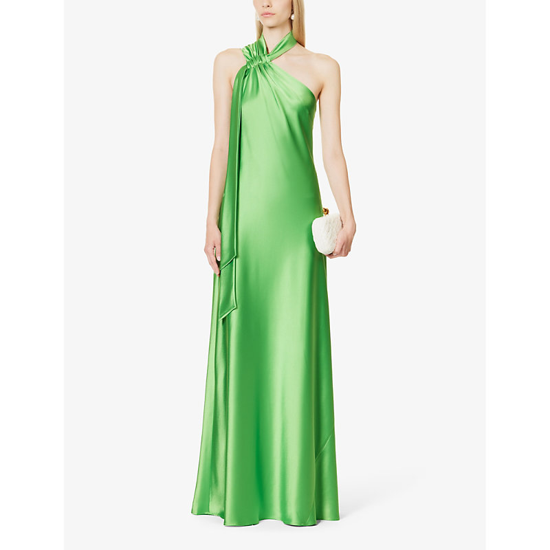 Shop Galvan Ushuaia Asymmetric-hem Satin Maxi Dress In Paris Green