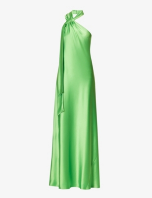 Green Asymmetrical Hem Satin Maxi Dress