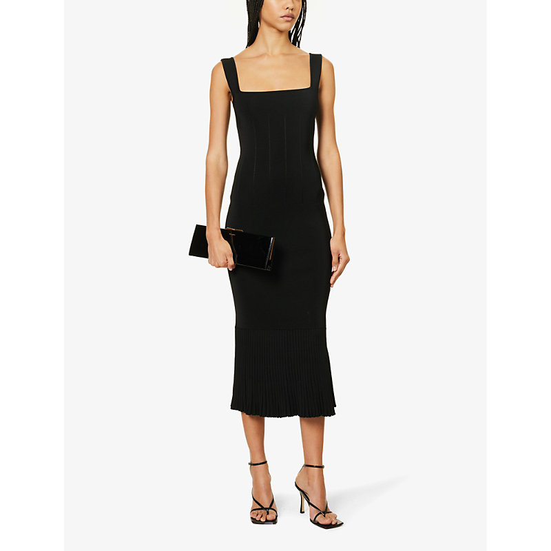 Shop Galvan Atalanta Pleated-hem Stretch-woven-blend Midi Dress In Black