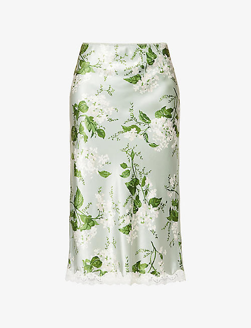 REFORMATION: Arie floral-pattern lace-trim silk midi skirt