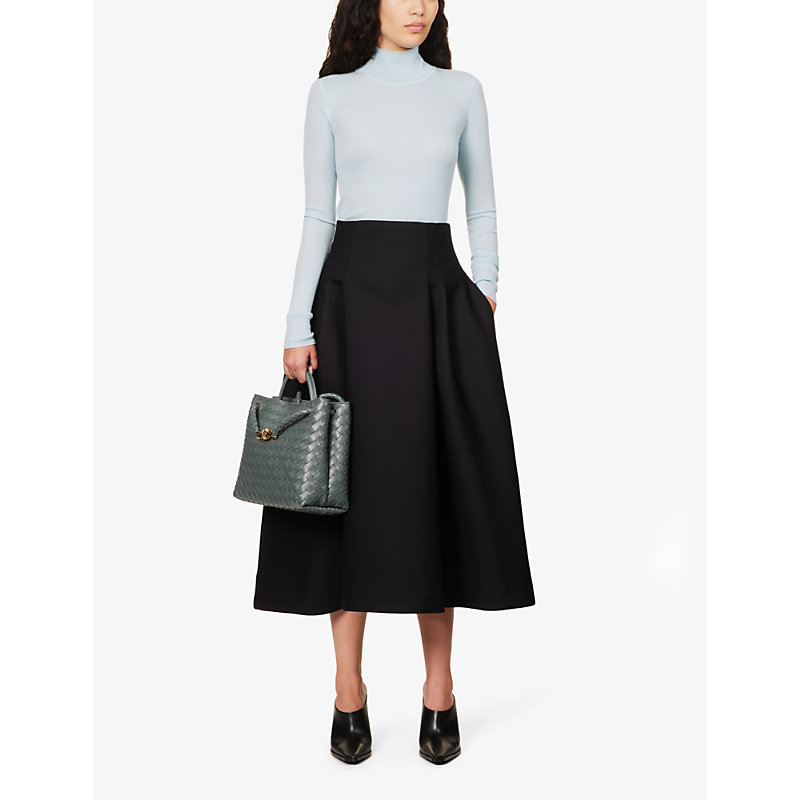 Shop Bottega Veneta Women's Black Compact Pleated Wool Midi Skirt