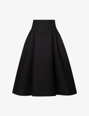 Bottega Veneta Womens Black Compact Pleated Wool Midi Skirt