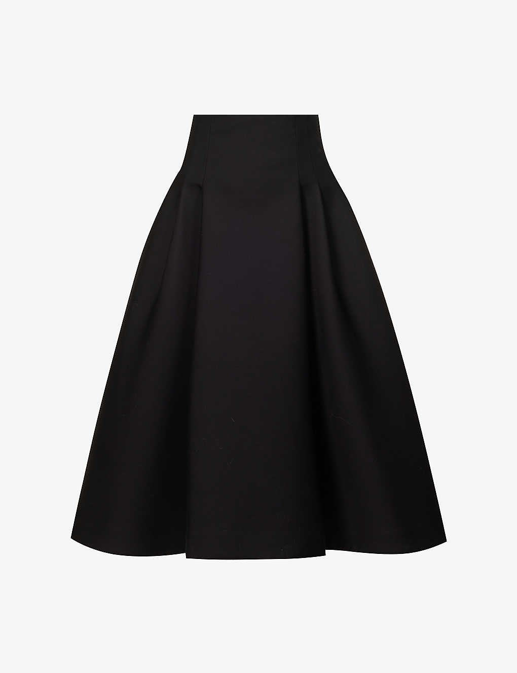 Bottega Veneta Womens Black Compact Pleated Wool Midi Skirt