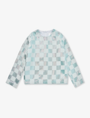 Shop Caroline Bosmans Girls Ice Kids Metallic Checkerboard-print Woven Top 8-12 Years In Pale Blue