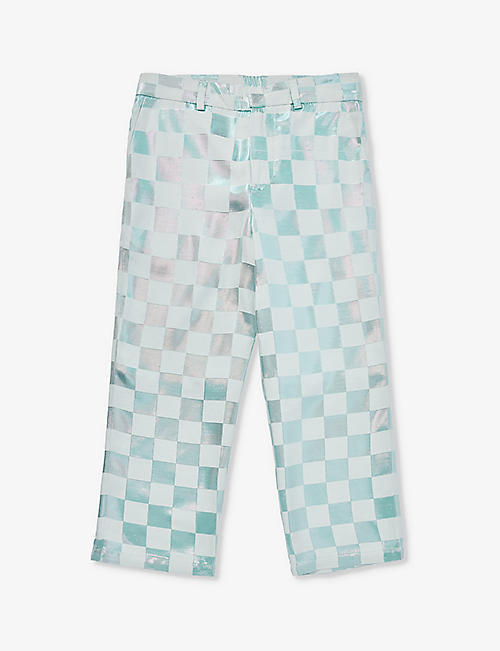 CAROLINE BOSMANS: Metallic checkerboard-print woven trousers 8-12 years