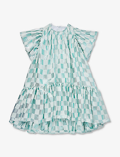 CAROLINE BOSMANS: Metallic checkerboard-print woven dress 8-12 years