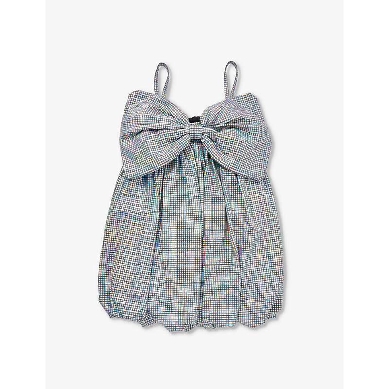Caroline Bosmans Girls Disco Grey Kids Bow-embellished Iridescent Woven Dress 6-12 Years