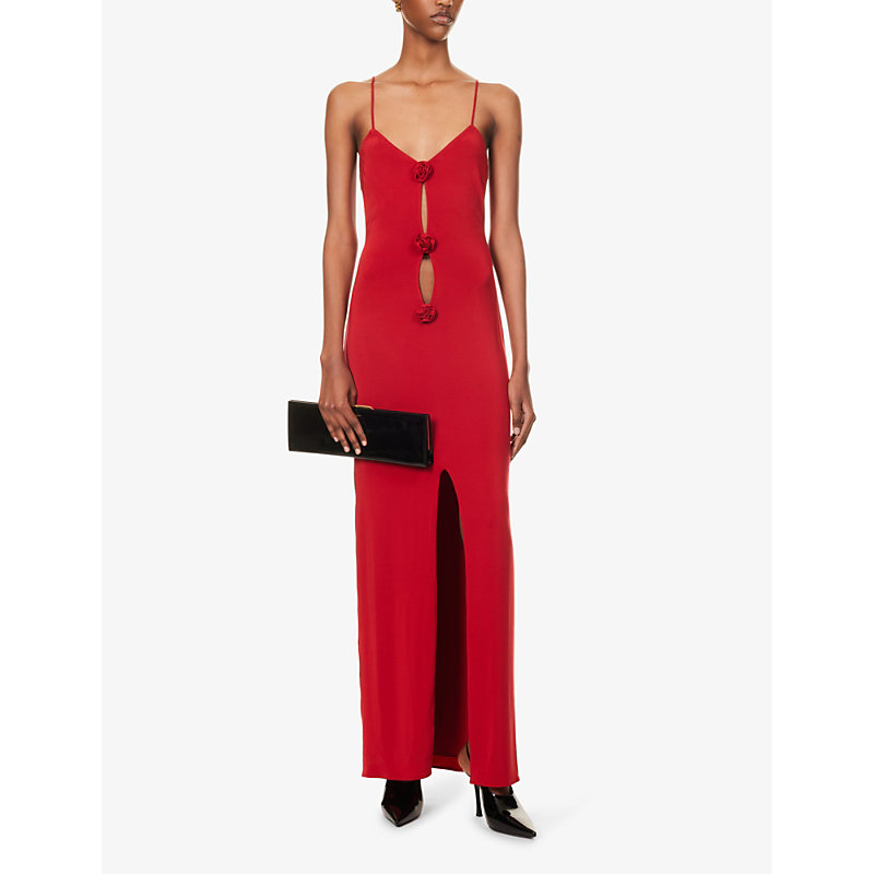 Shop Magda Butrym Women's Red Flower-embellished Cut-out Stretch-woven Maxi Dress