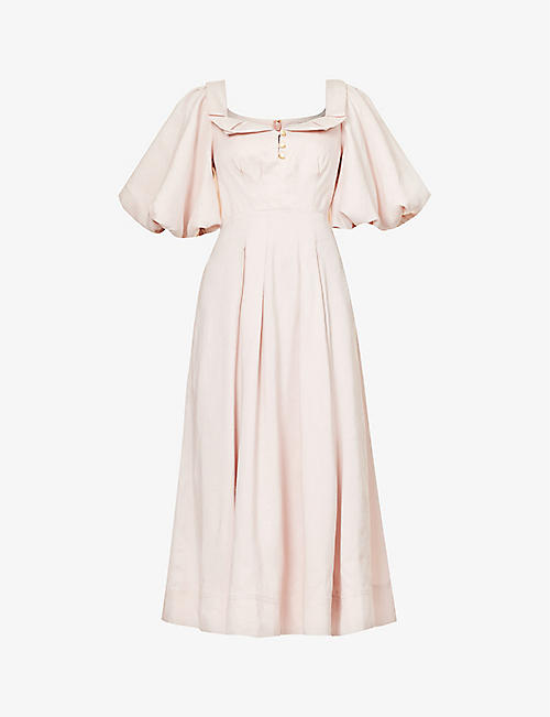 AJE: Jessica puff-sleeve linen-blend midi dress