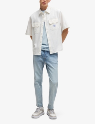 Hugo Boss Mens Spread-collar Brand-patch Cotton Shirt Open White Xxl In White